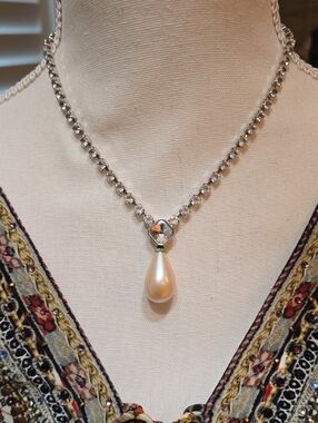 Yves Saint Laurent Silver-Tone Crystal Necklace with Cream Pearl Drop